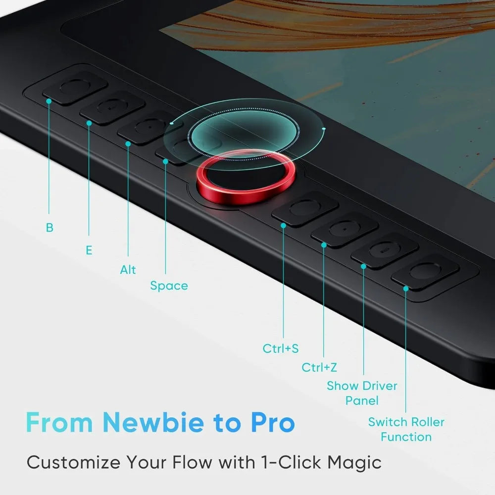 13.3" Drawing Tablet with Screen, 16384 Pressure Levels, Full-Laminated AG Screen, Stand & Dial, 8 Shortcut Keys