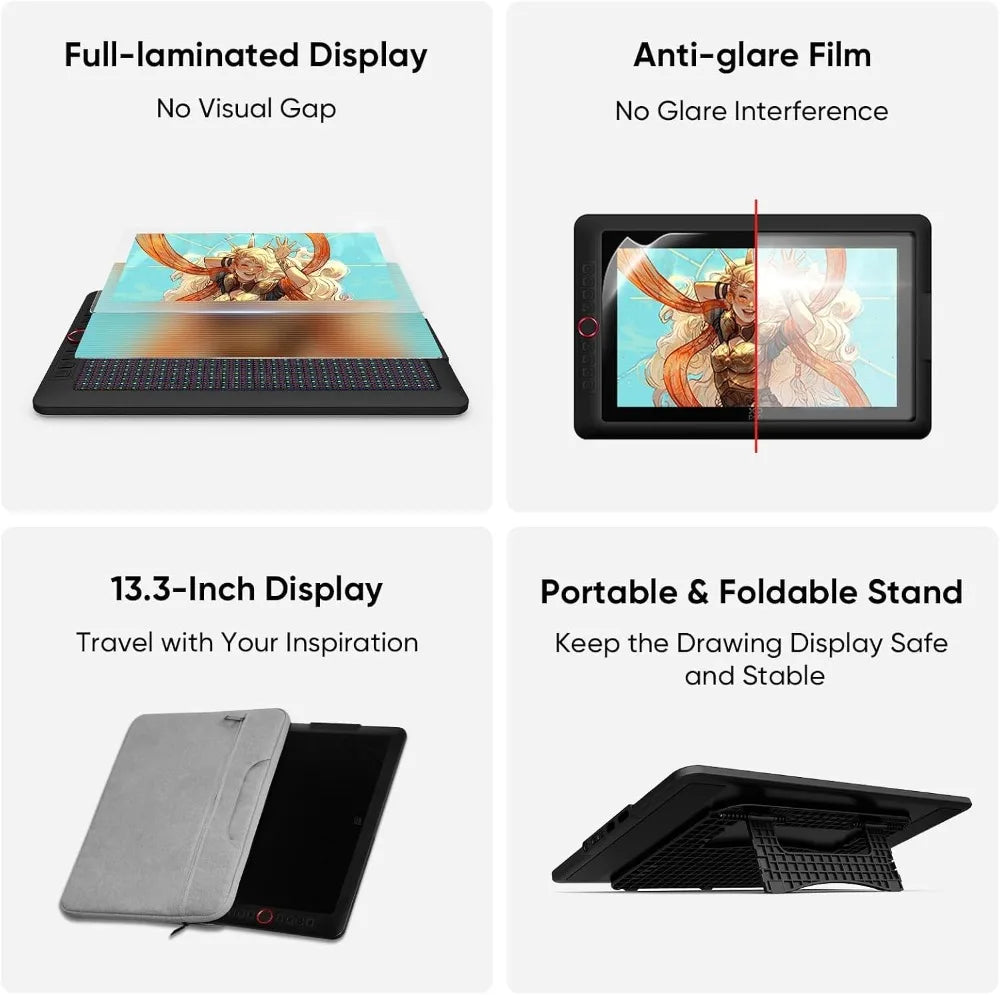 13.3" Drawing Tablet with Screen, 16384 Pressure Levels, Full-Laminated AG Screen, Stand & Dial, 8 Shortcut Keys